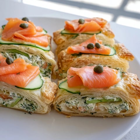 Golden puff pastry Étoiles Filantes Assiette de Fin d'Année with smoked salmon and creamy dill topping.