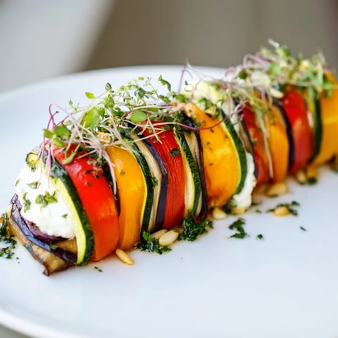 Roasted vegetable snail shell spiral with creamy goat cheese, perfect elegant appetizer.