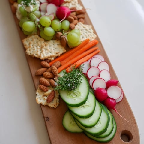 Gorgeous The Zen Balance appetizer board with vibrant vegetables, goat cheese, and almonds.