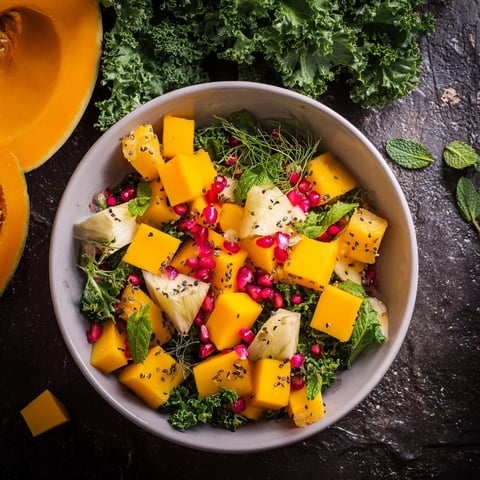 A beautiful Sunlit Glade salad, showcasing vibrant yellow fruits surrounded by lush green greens.