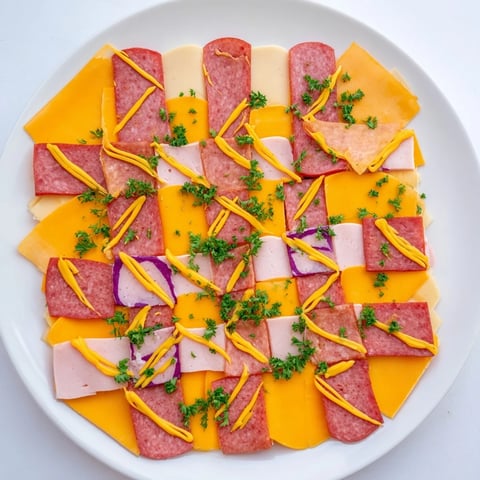 A vibrant patchwork quilt appetizer with sliced meats, cheeses, and tangy mustard for dipping.