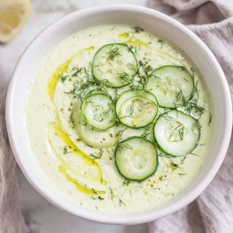 Creamy chilled Cucumber Garlic Soup garnished with fresh dill and cucumber slices, ready to enjoy.