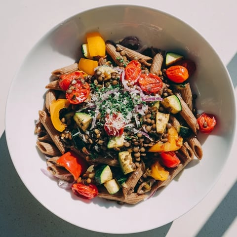 Vibrant Lentil Pasta with Vegetables: a colorful medley of roasted vegetables and pasta.