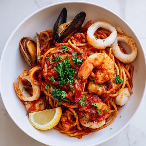 Spaghetti smothered in rich Seafood Marinara Pasta, featuring tender shrimp and mussels, ready to serve.