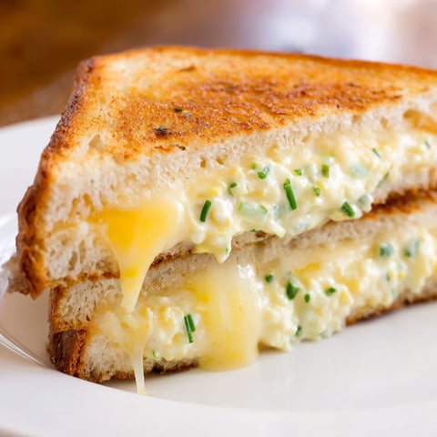 Golden-brown Egg Salad Grilled Cheese sandwich, cheese oozing, ready to enjoy for lunch.