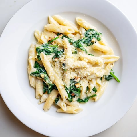 Steaming bowl of creamy spinach pasta with glistening Parmesan, ready to savor.