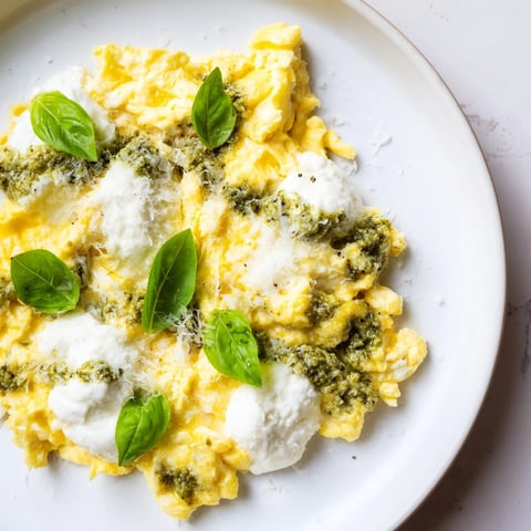 Fluffy Pesto Cottage Cheese Eggs, a vibrant breakfast, garnished with fresh basil and Parmesan cheese.