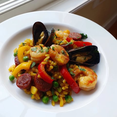 A colorful paella showcasing vibrant saffron rice, shrimp, mussels, and chicken, ready to be enjoyed.
