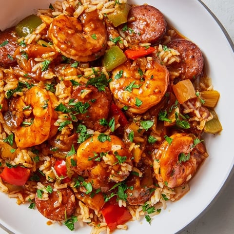 Fragrant Jambalaya Skillet with shrimp, sausage, and rice, a colorful, hearty family meal.