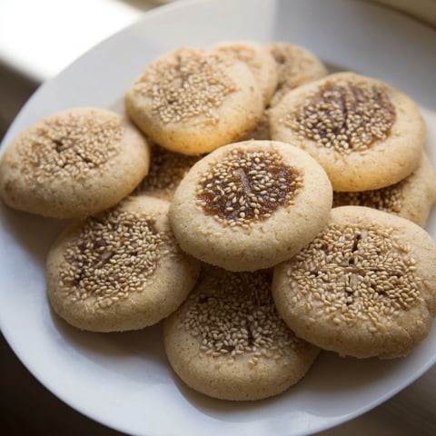 Golden-brown Palestinian Kahk cookies, filled with sweet date paste and coated in toasted sesame seeds.