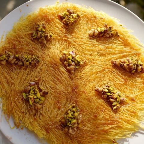 Golden, crispy Egyptian Konafa with a glistening honey syrup, ready to eat and enjoy.