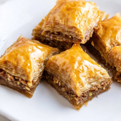 Golden, flaky Turkish Baklava dripping with sweet honey syrup, showcasing layers of nuts.