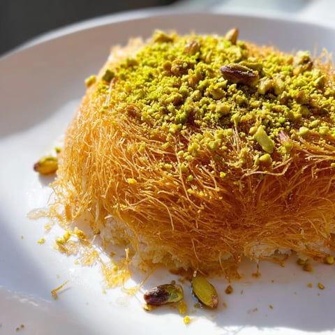 Golden, crispy Lebanese Knafeh cheese dessert with glistening syrup, served warm.