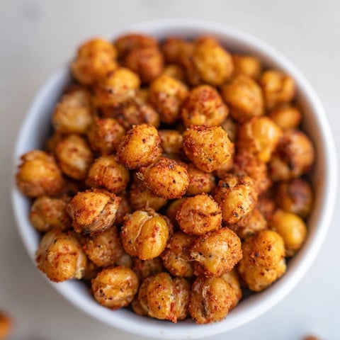 Golden, oven-roasted Crispy Chickpea Snacks tossed in smoky paprika, served warm in a rustic bowl.