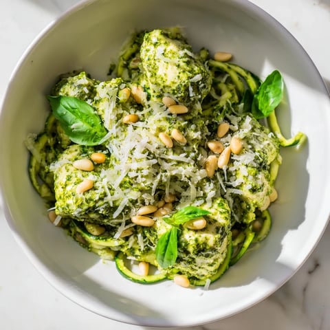 Tender chicken pieces, crisp zucchini noodles, and vibrant basil pesto combine in this Pesto Zucchini Chicken Bowl.  