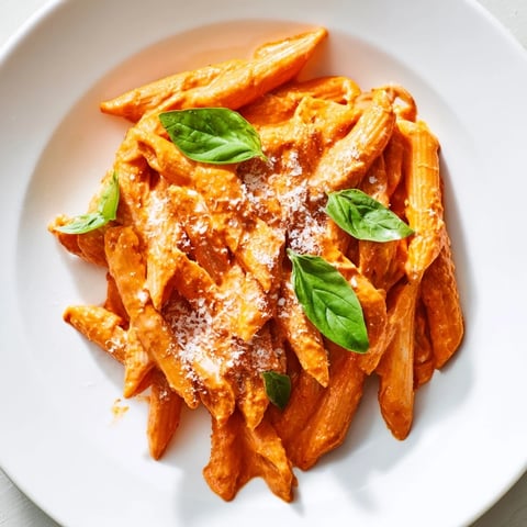 A close-up of creamy Roasted Red Pepper Pasta, with penne coated in a vibrant orange sauce and topped with fresh basil and grated Parmesan.  