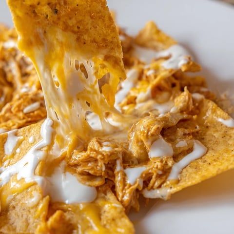 A close-up view of Buffalo Chicken Nachos, with crispy tortilla chips layered under spicy shredded chicken and a generous blanket of melted cheddar and Monterey Jack cheese.