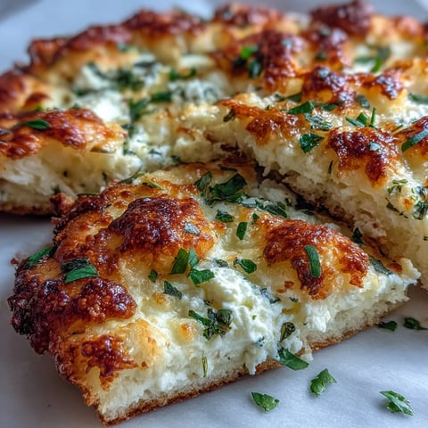 Golden brown Fluffy Cottage Cheese Flatbread bubbling in a skillet, flecked with fresh herbs.