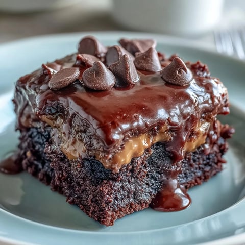 Freshly baked Rich Peanut Butter Cup Dump Cake with melted chocolate chips and gooey peanut butter cups on top.