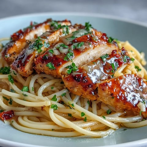 Sticky Honey Garlic Chicken Pasta served in a bowl with glossy sauce, topped with sliced chicken and fresh parsley.