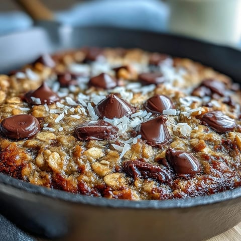 Golden-baked Chunky Monkey Oatmeal Cookie Skillet emerges from the oven, loaded with melted chocolate chips, walnuts, and ripe banana pieces.