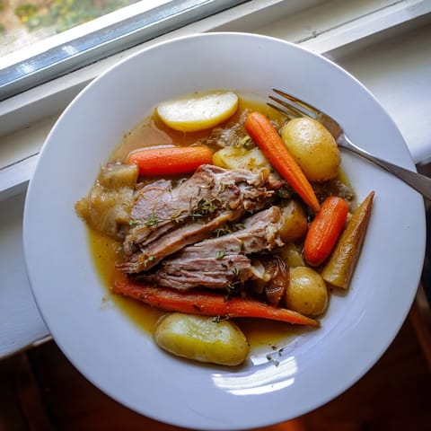 Tender pork shoulder simmered with aromatic root vegetables for a cozy meal.  