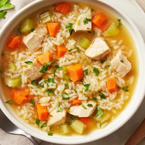 Comforting One-Pot Chicken and Rice Soup served with lemon wedges for brightness.  