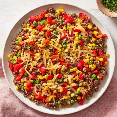 This Ground Beef Skillet with Veggies & Rice shows colorful bell peppers beside seasoned ground beef.