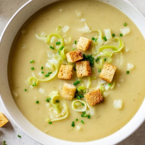 Homemade Potato Leek Soup, perfectly smooth textured and ready to serve on a chilly evening.
