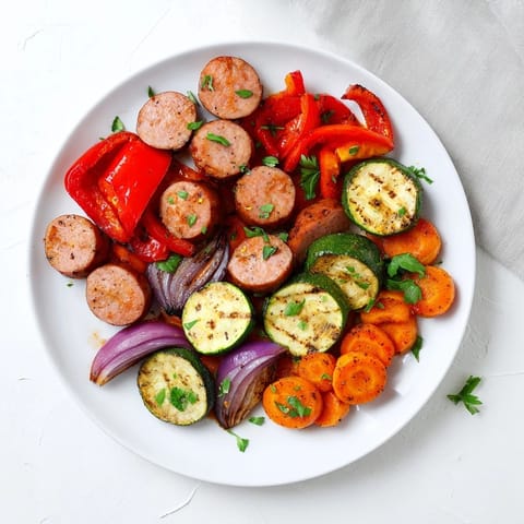 Tender sheet-pan roasted veggies & sausage fragrant with oregano and paprika, a delicious, easy supper.