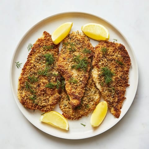 A close-up of pan-fried Pickle-Brined Chicken Cutlets showing the perfect crunchy breadcrumb crust.