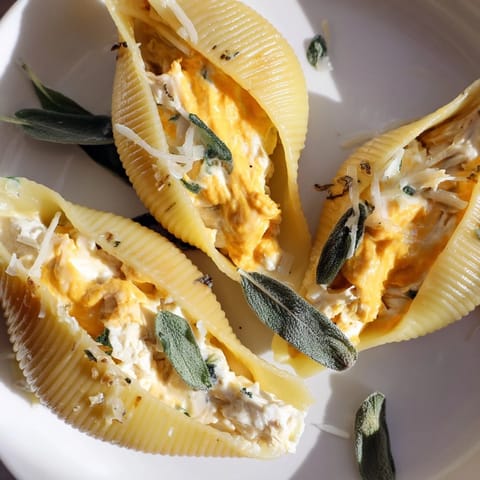 Creamy pumpkin filling spilling from jumbo shells, baked with Gouda, in a decadent Alfredo sauce.
