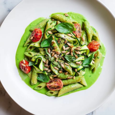 Creamy Vegan Green Goddess Pasta with a rich, spinach-based sauce, ready for a satisfying vegan meal.