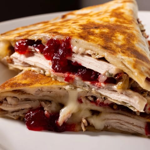 Golden-brown Turkey, Stuffing & Cranberry leftovers tortilla wrap, a quick and tasty lunch idea.