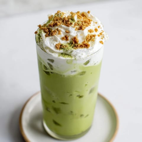 Sugar-Free Gingerbread Cookie Matcha Frappe, a creamy green drink topped with whipped cream and spices.