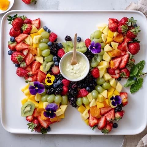 This beautiful Butterfly Garden Fruit Board showcases vibrant berries, citrus, and a creamy yogurt dip.