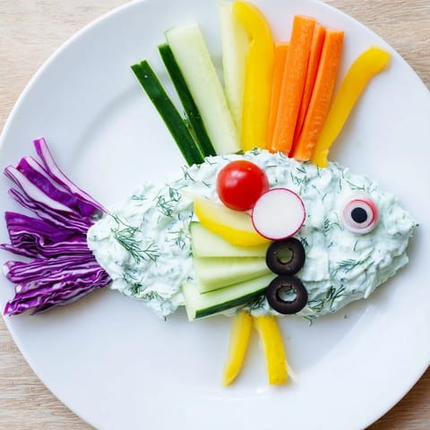 This Ocean Blue Fish-Shaped Dip Tray features creamy dips surrounded by colorful fresh vegetables, perfect for a party.