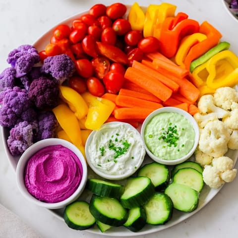 Vibrant Rainbow Vegetable Dips platter featuring carrots, peppers, and cucumbers alongside creamy dips.
