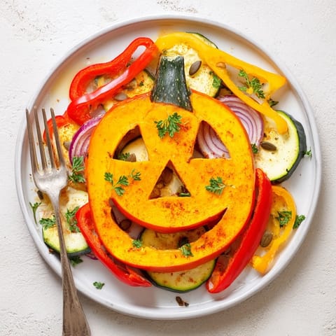 Vivid image of a delicious Pumpkin Lantern Halloween Plate, bursting with roasted vegetables and smoky spices.