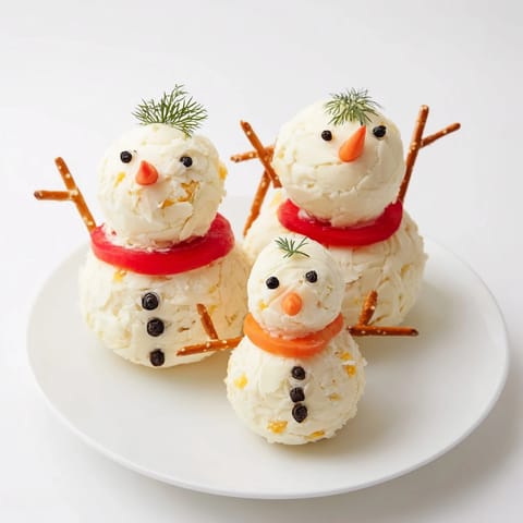 This charming Snowman Cheese Ball Trio is a holiday favorite, served with crackers and fresh veggies.