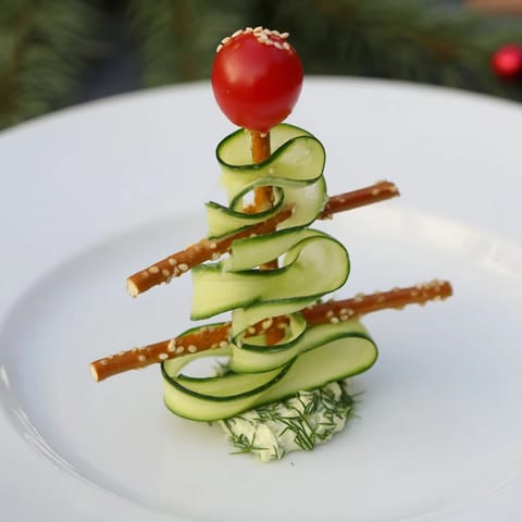Fresh spiral cucumber ribbon Christmas trees appetizer with vibrant red cherry tomatoes.