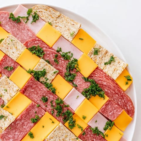 Delicious charcuterie: patchwork quilt appetizer showcasing colorful meats, cheeses, and mustard "stitching."