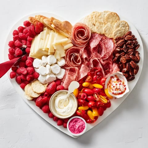 Vibrant Heart of Romance Board, with red and pink elements, offers a stunning charcuterie presentation.