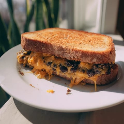 Savory Black Bean Grilled Cheese, piled high and served with a side of fresh, creamy salsa.