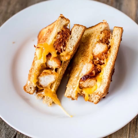 Golden-brown Chicken Nugget Grilled Cheese sandwich, promising a delightful, melty, cheesy bite.