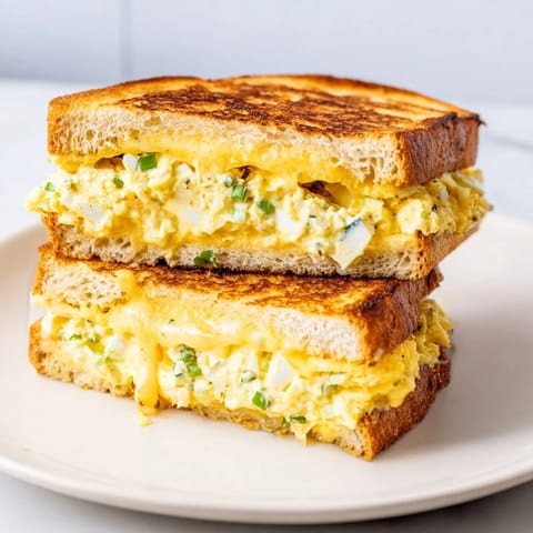 A close-up view of the perfectly grilled Egg Salad Grilled Cheese, melting cheese and crusty bread.