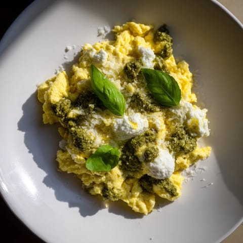 Creamy Pesto Cottage Cheese Eggs, ready to eat, served alongside crusty bread for a delicious brunch.