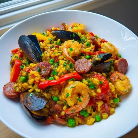 Imagine the amazing aroma of this homemade paella with mixed seafood and smoky chorizo.