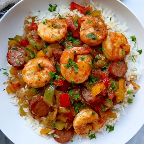 A steaming skillet of vibrant Jambalaya, showcasing shrimp and sausage with vegetables and rice.