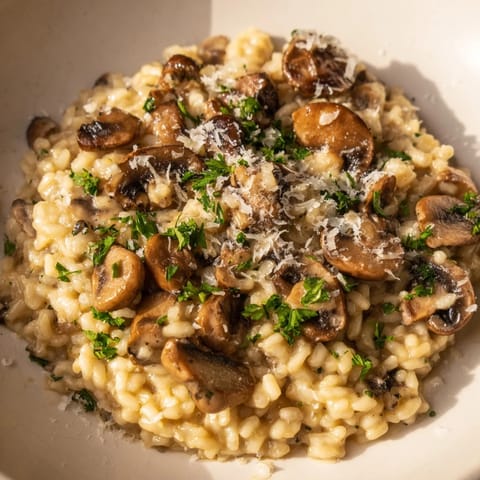 A close-up of creamy risotto with mushrooms, featuring tender Arborio rice and fresh parsley.